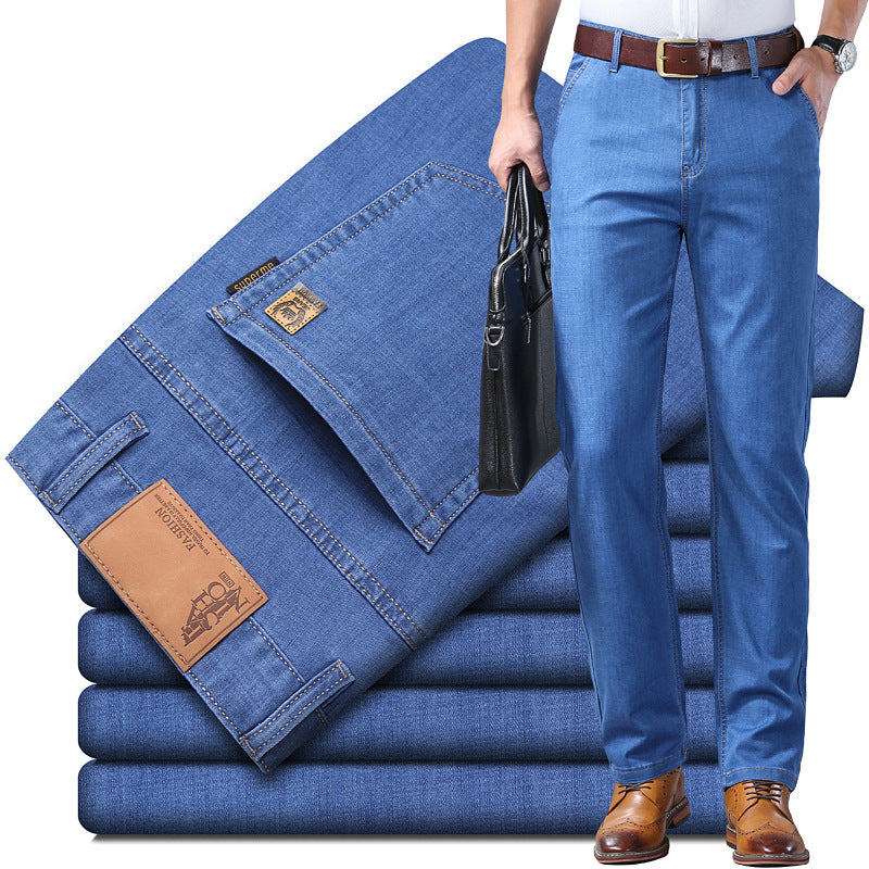 Men SpringSummer Denim Pants Loose Straight Leg Style Business Wear For Middle Aged Men