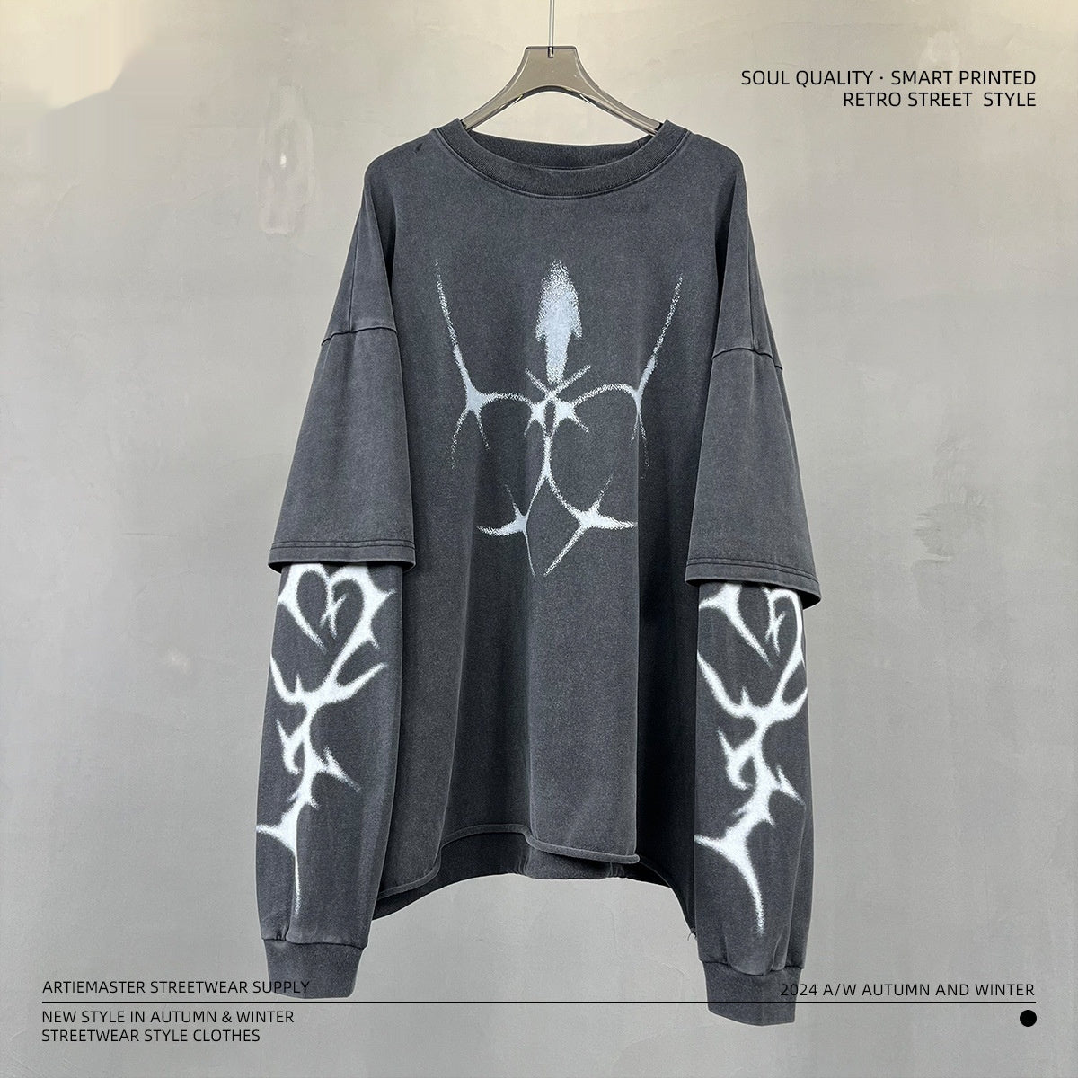 Printed Crew-neck American-style Trendy Brand Vintage Washed Faux Two-piece Loose-fit Men's Long T-shirt