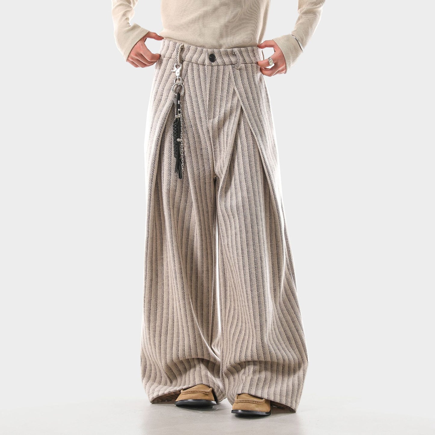 Imported Men's Pleated Wide-leg Striped Casual Pants