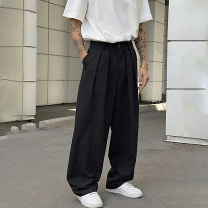 Solid-color Double-pleat Straight-leg Casual Pants