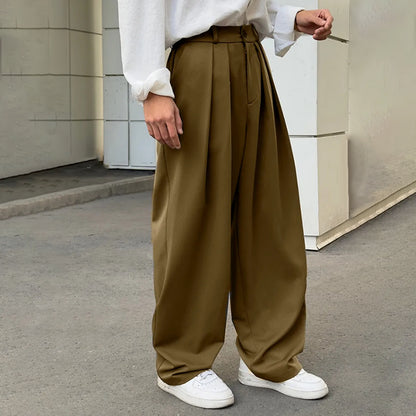Solid-color Double-pleat Straight-leg Casual Pants