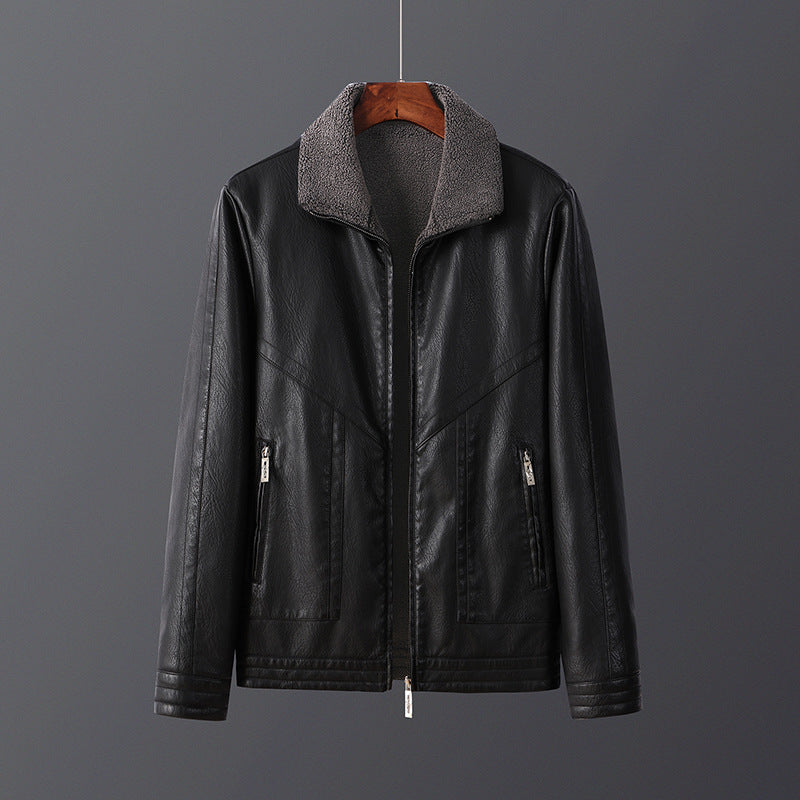 Men's Fleece-Lined Leather Jacket Thickened Outerwear