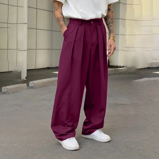 Solid-color Double-pleat Straight-leg Casual Pants