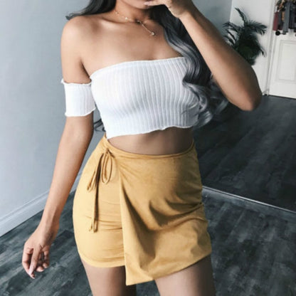 Solid Color Short Off-Shoulder Bare-Neck Collar Top