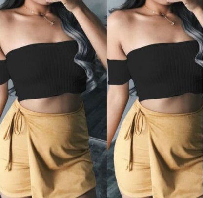 Solid Color Short Off-Shoulder Bare-Neck Collar Top