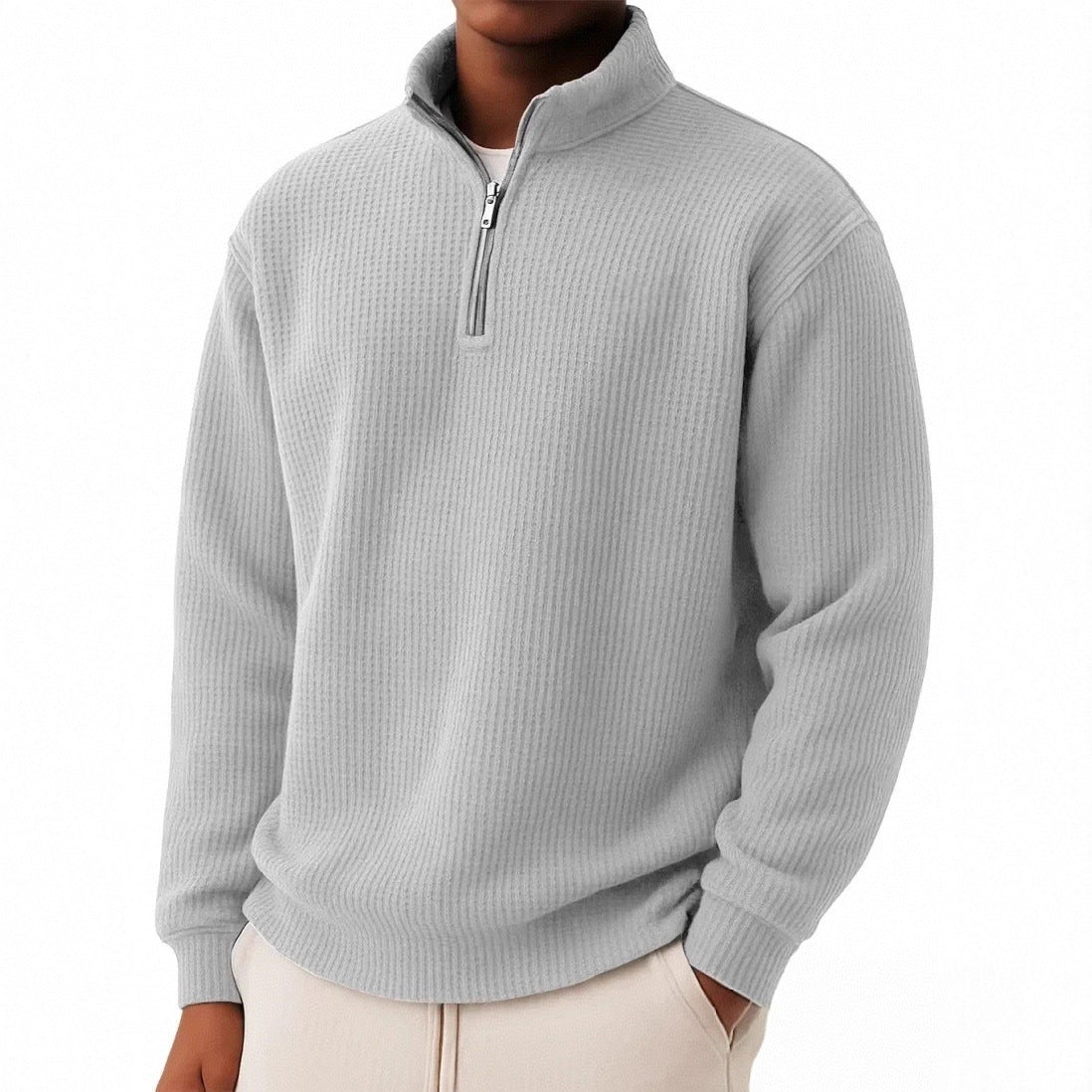 Solid-color Pullover Zip-up Relaxed-fit Casual Premium Waffle-knit Long-sleeve Polo Shirt