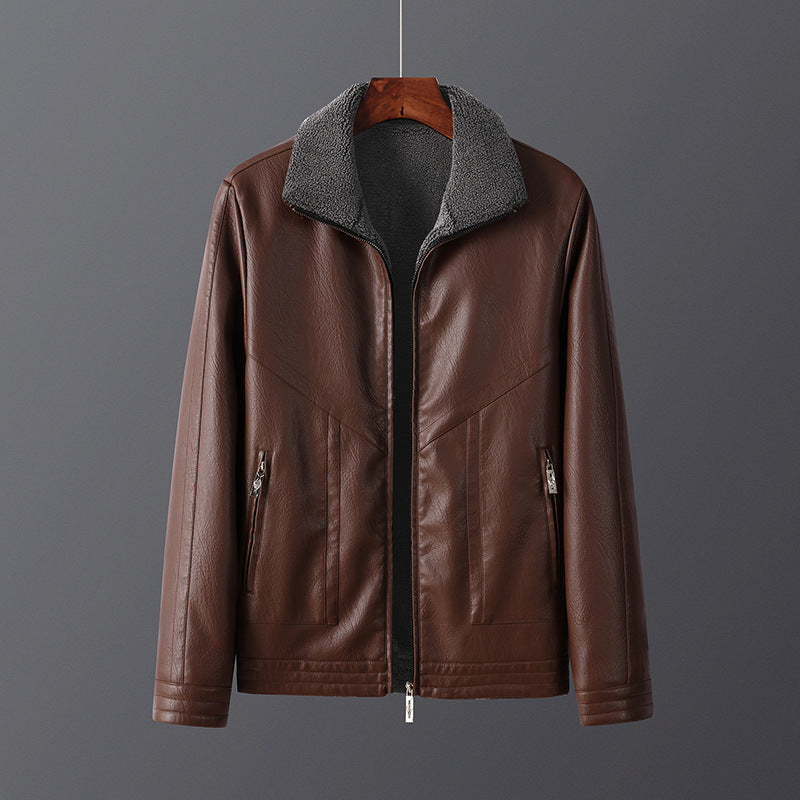Men's Fleece-Lined Leather Jacket Thickened Outerwear