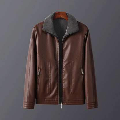 Men's Fleece-Lined Leather Jacket Thickened Outerwear
