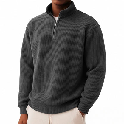 Solid-color Pullover Zip-up Relaxed-fit Casual Premium Waffle-knit Long-sleeve Polo Shirt