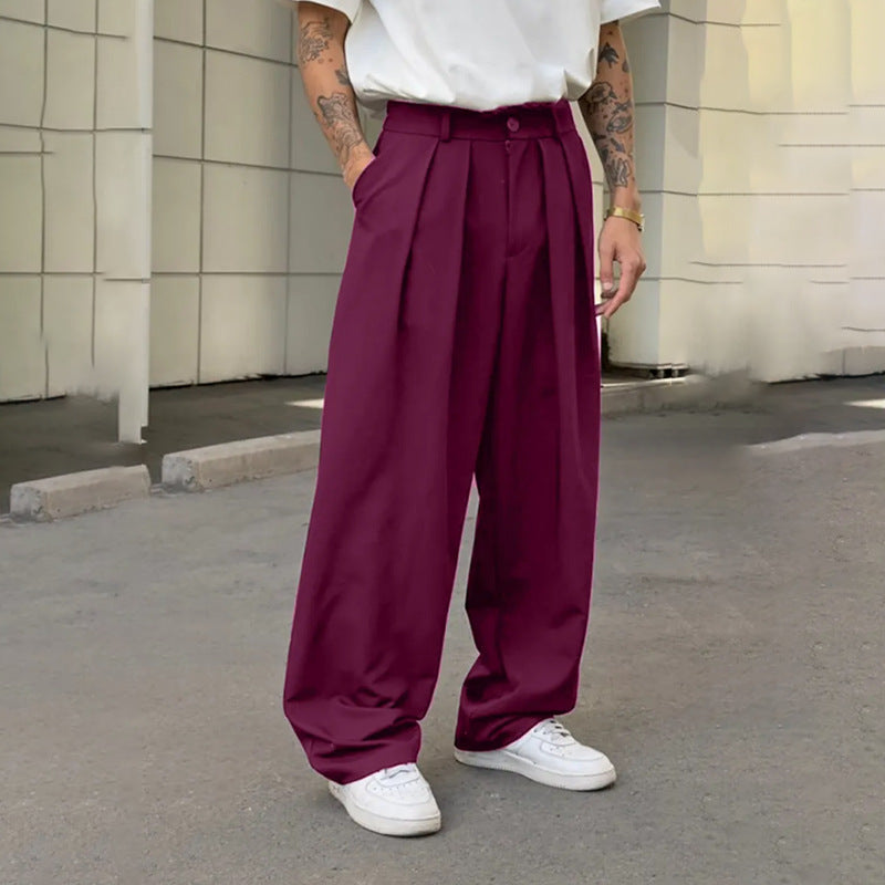 Solid-color Double-pleat Straight-leg Casual Pants