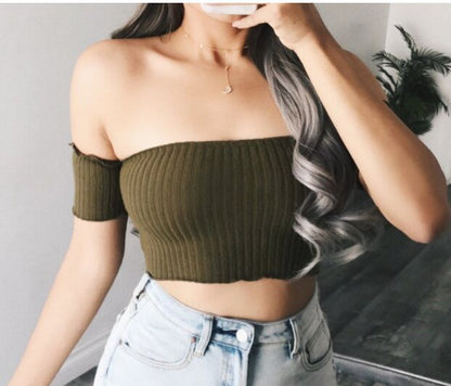 Solid Color Short Off-Shoulder Bare-Neck Collar Top