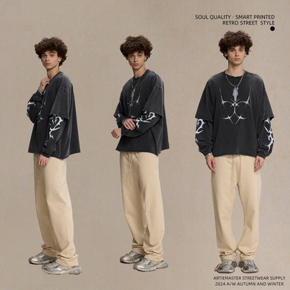 Printed Crew-neck American-style Trendy Brand Vintage Washed Faux Two-piece Loose-fit Men's Long T-shirt