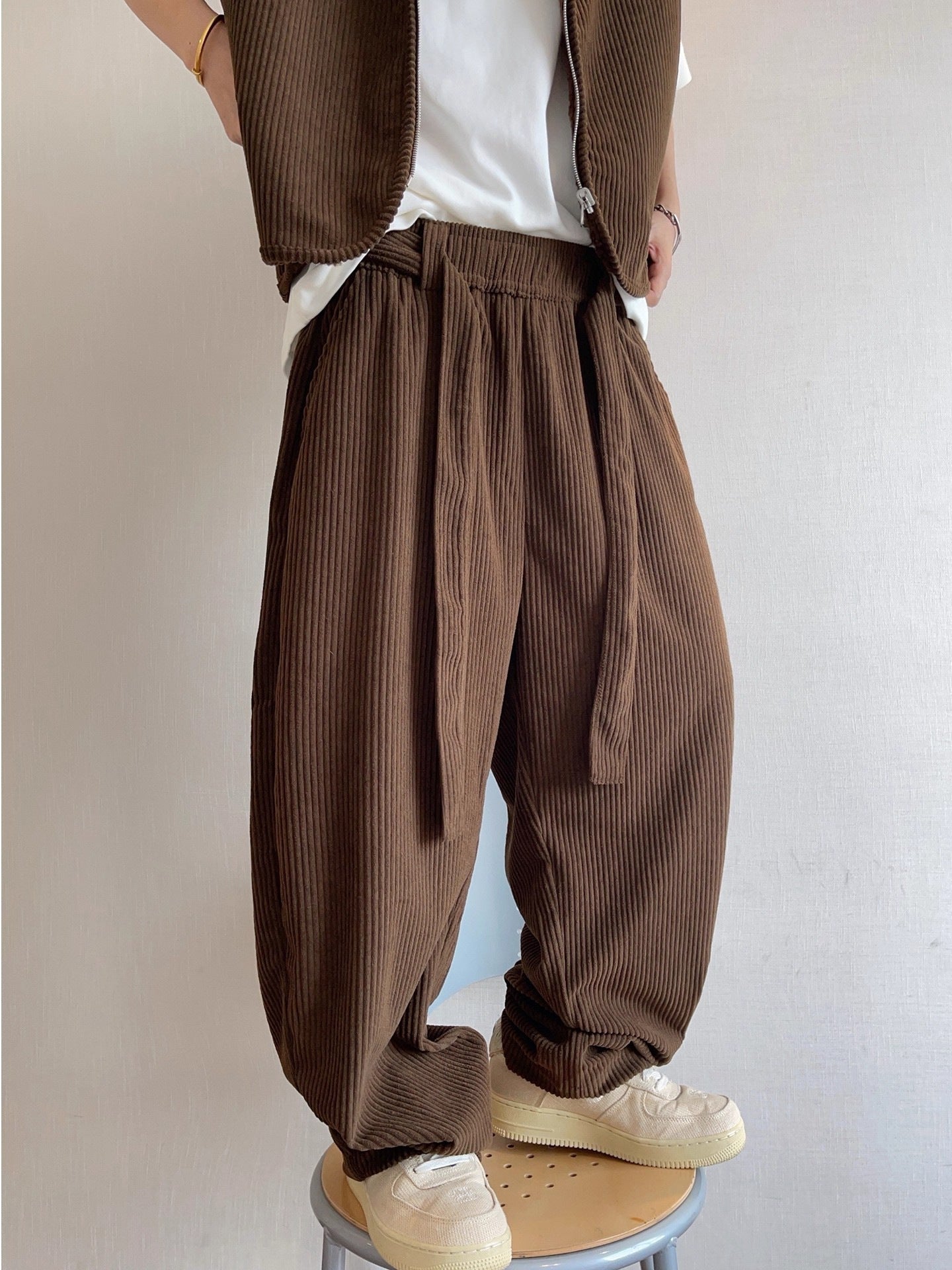 Retro Wide-striped Drapey Corduroy Casual Pants