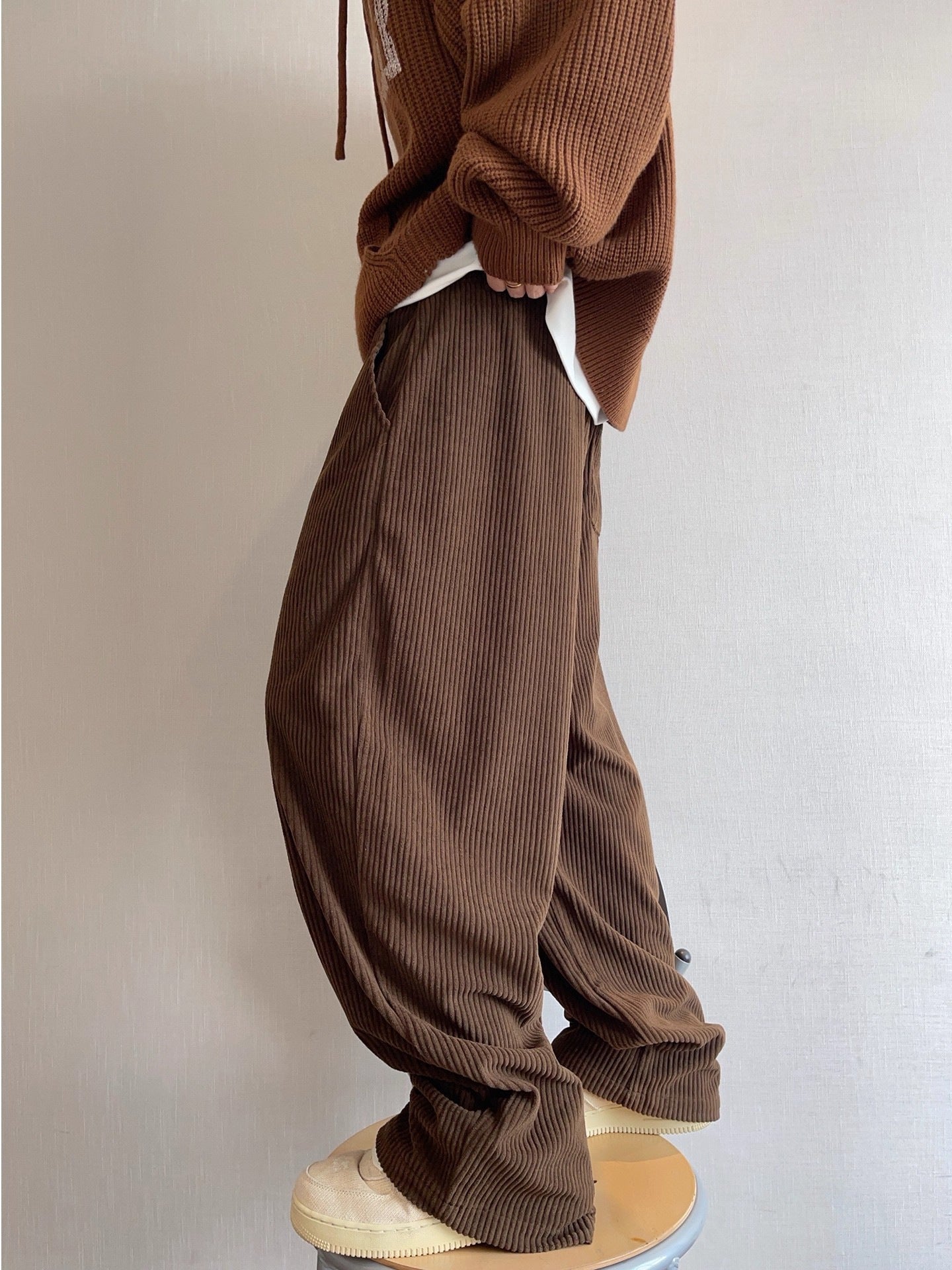 Retro Wide-striped Drapey Corduroy Casual Pants