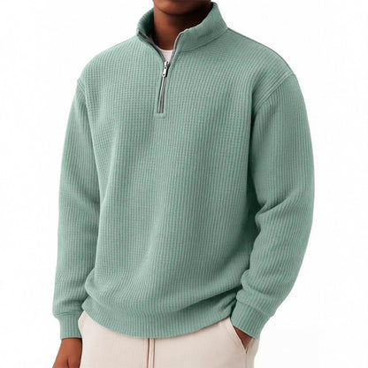 Solid-color Pullover Zip-up Relaxed-fit Casual Premium Waffle-knit Long-sleeve Polo Shirt