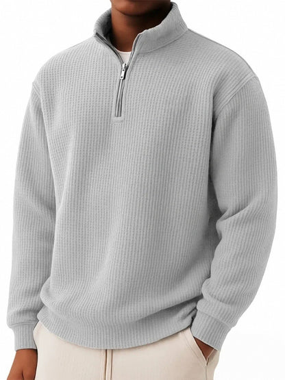 Solid-color Pullover Zip-up Relaxed-fit Casual Premium Waffle-knit Long-sleeve Polo Shirt