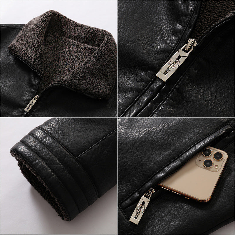 Men's Fleece-Lined Leather Jacket Thickened Outerwear