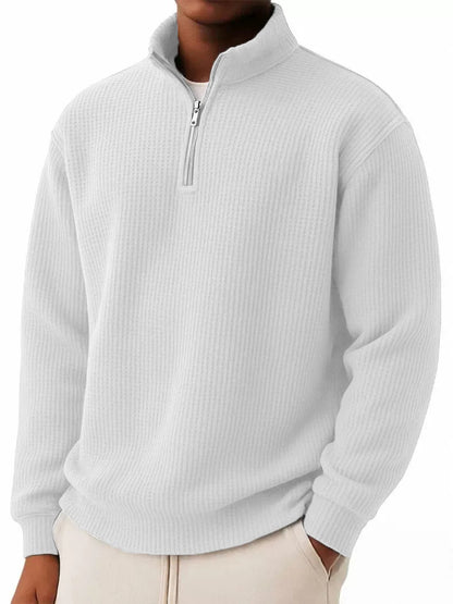 Solid-color Pullover Zip-up Relaxed-fit Casual Premium Waffle-knit Long-sleeve Polo Shirt